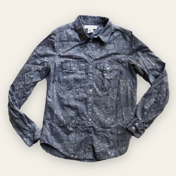 H&M L.O.G.G Womens Boho Office Paisley Blue White Striped Button Up Shirt Size 2 - Picture 1 of 5